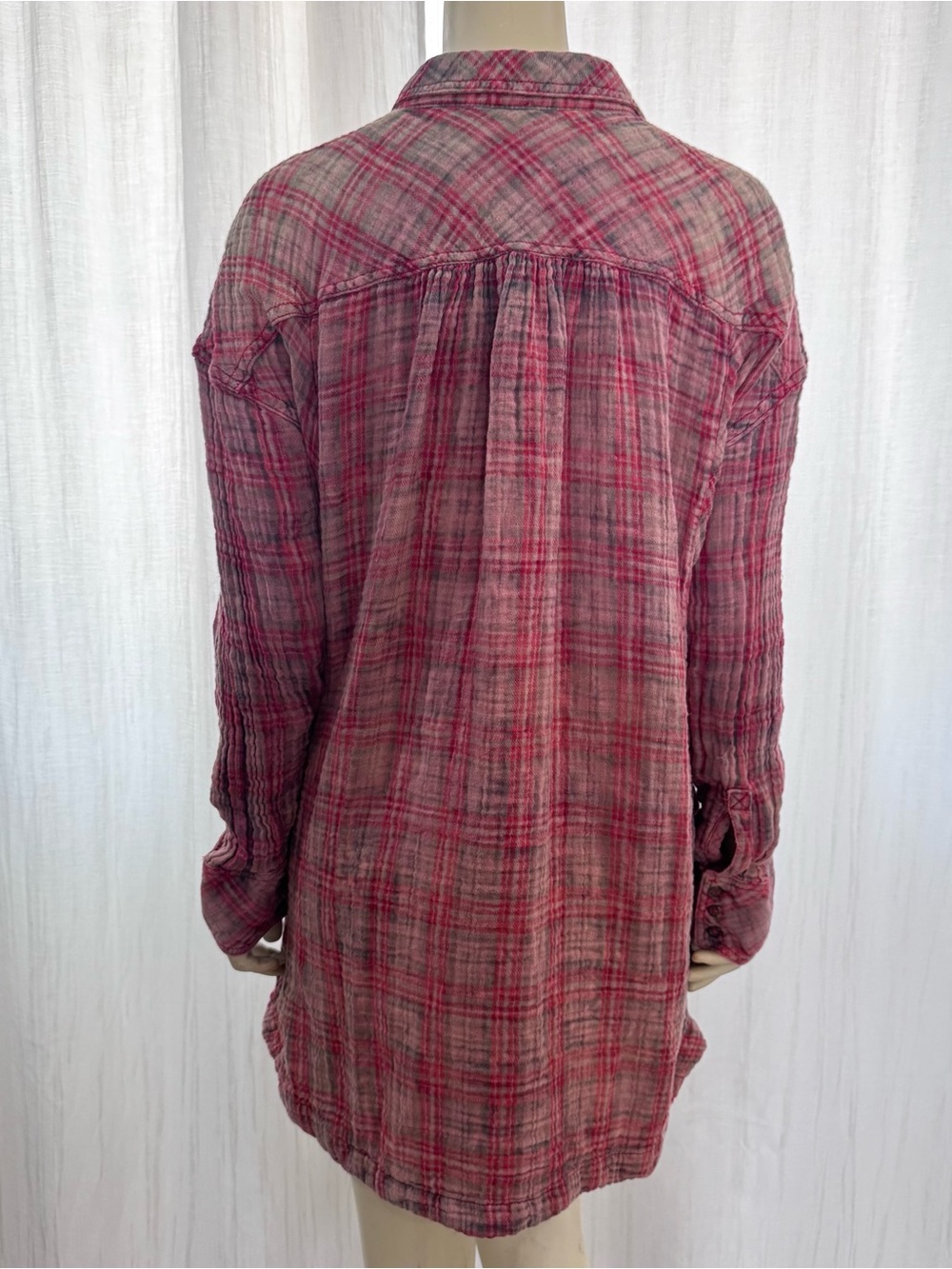 Free People M Pink Red Flannel Plaid Tunic Top Boho Hippie Long Sleeve Shirt - Picture 7 of 12